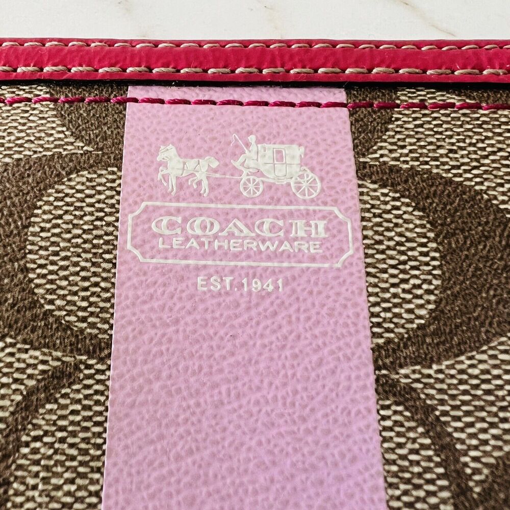 COACH Heritage Khaki Pink Stripe Accordion Zip Wallet In Signature Canvas - Picture 2 of 8